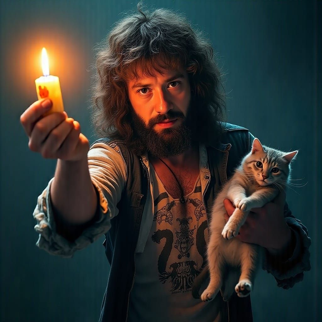 Bearded Guy Illuminates Dark Room with Friend