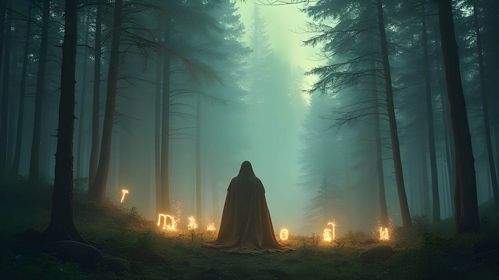 Kneeling Figure in Sacred Glade with Runes