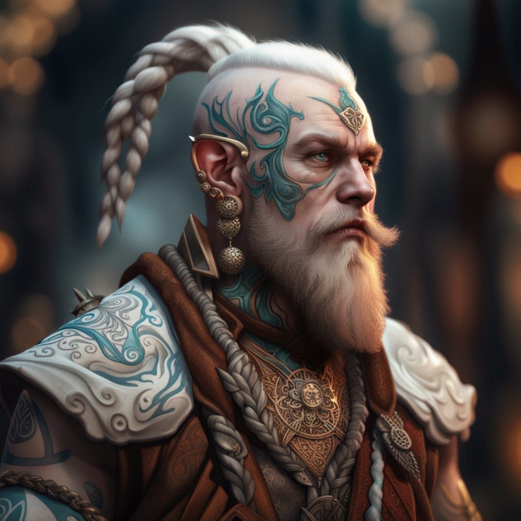 Albino Dwarf Druid with Face Tattoos in Matte Painting Style