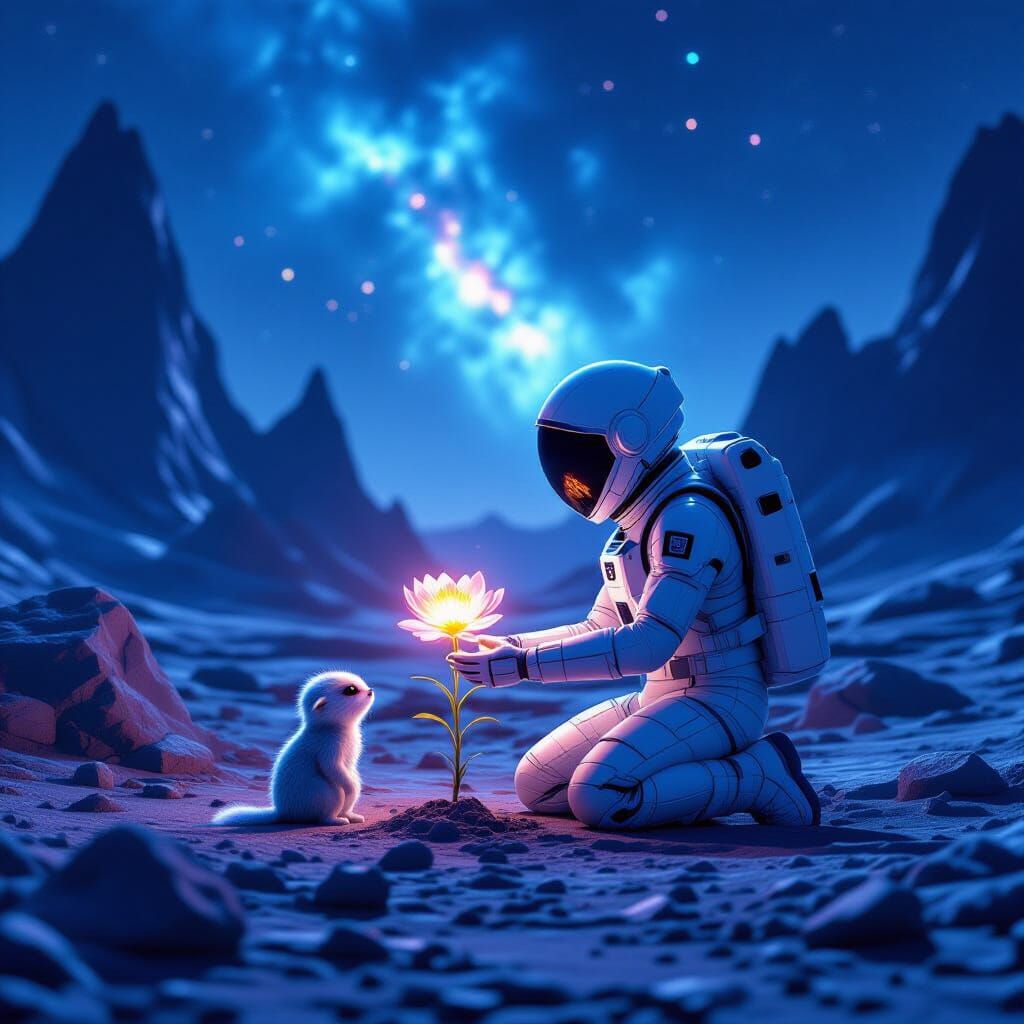 Astronaut Offers Glowing Flower to Alien Creature