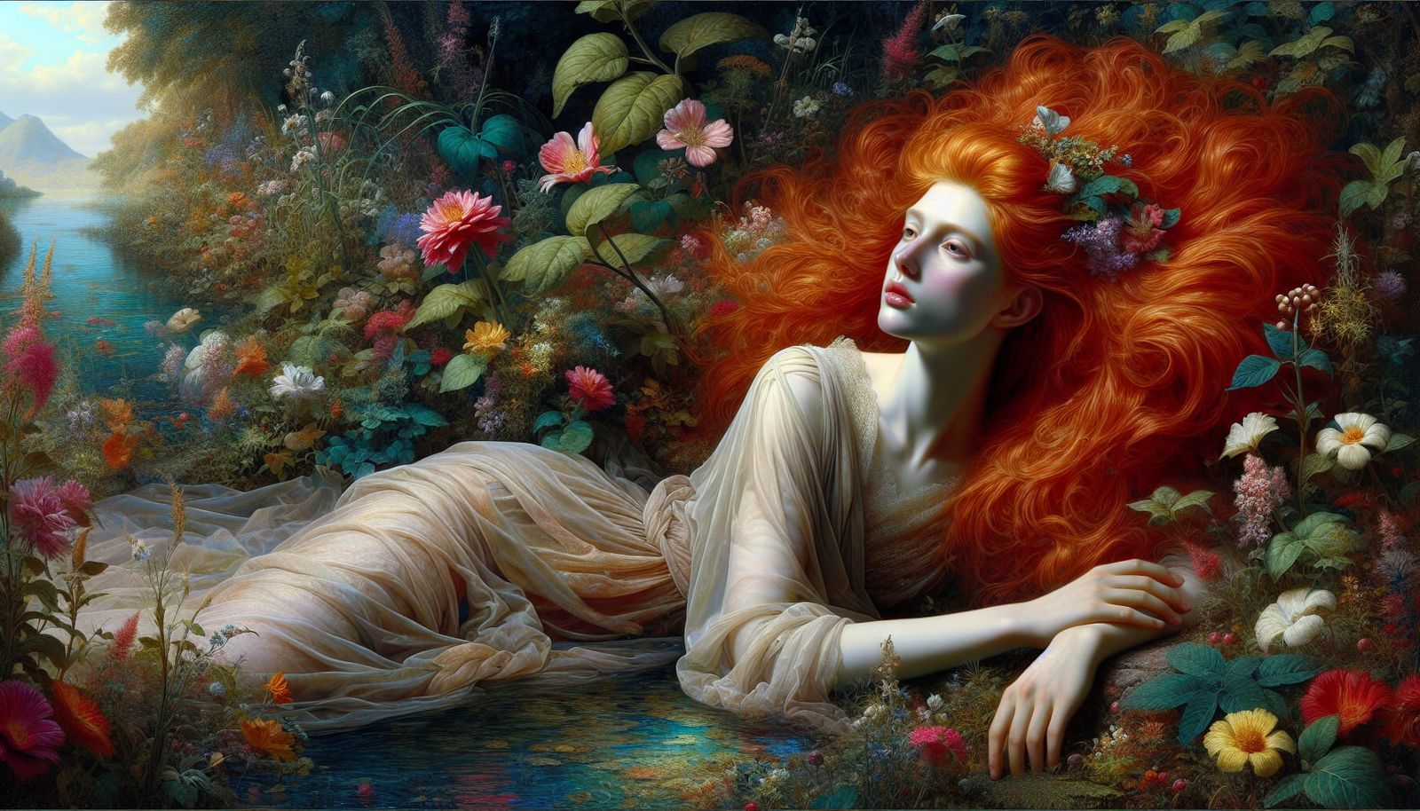 Surreal Redheaded Aphrodite in Sheer Attire, an Oil Painting...