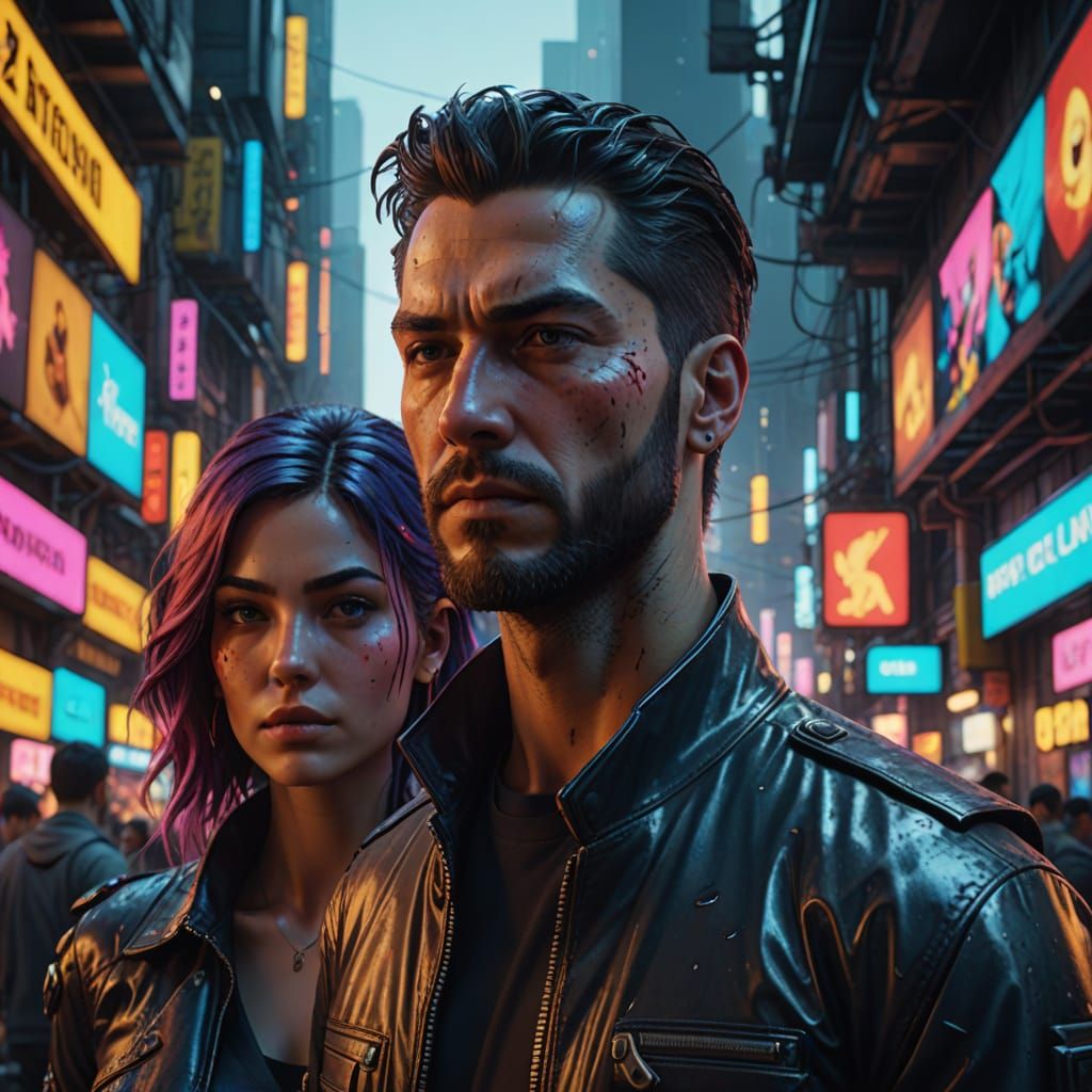 Cyberpunk Woman Leads Man Through Futuristic Marketplace