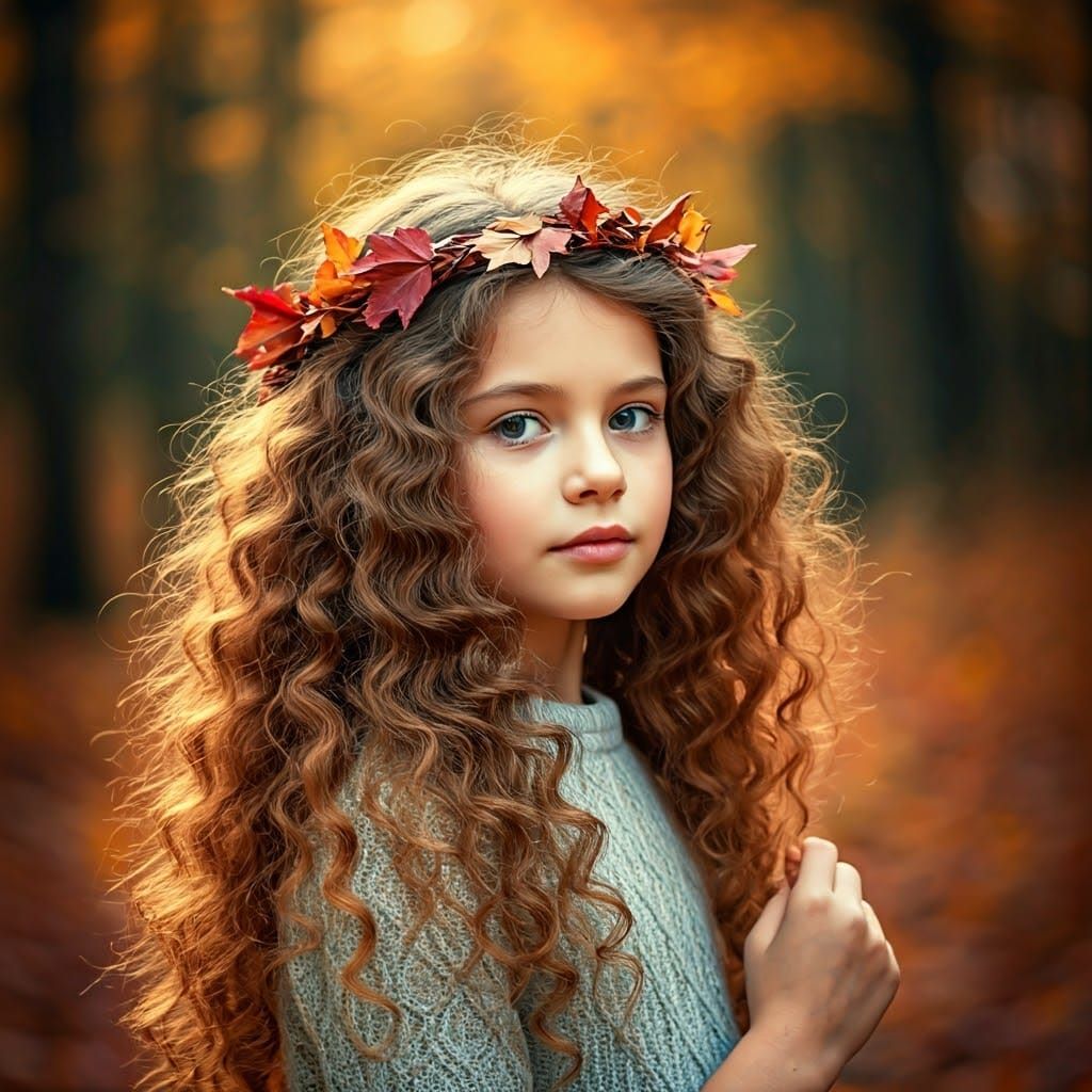 Girl in Autumn Forest with Leaf Crown