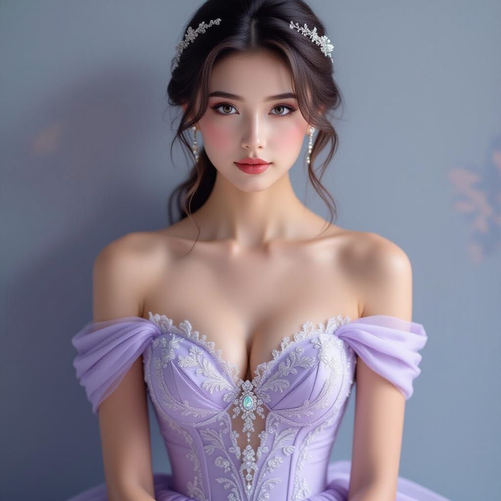 Ethereal Woman in Lavender Gown, Photorealistic Style