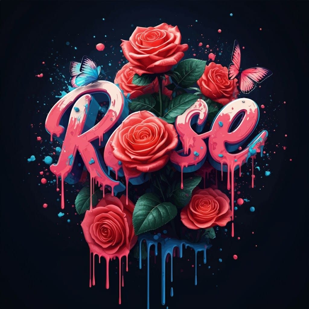 Vibrant Roses with 3D "Rose" Letters, Splash Art Style