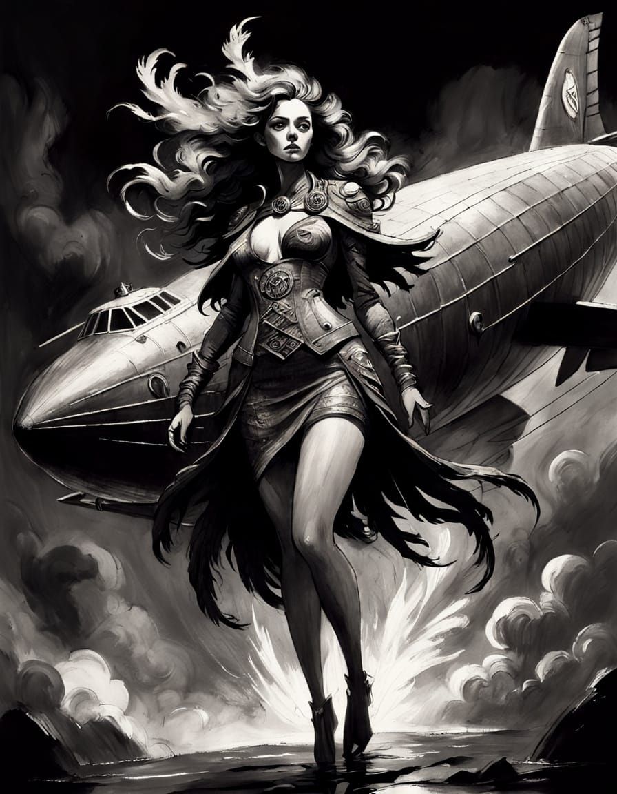 Expressive charcoal sketch. Full body shot. A mythical siren...