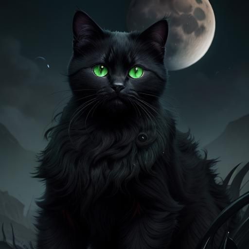 Green-Eyed Kitten Gazing at Moon, Detailed Digital Art