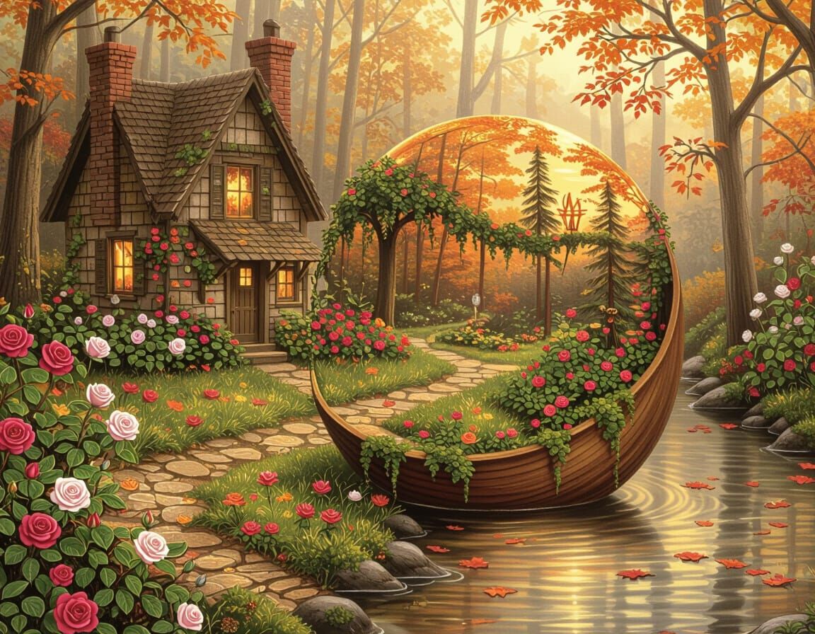 Magical Autumn Forest Inside Acorn, Thomas Kinkade Style