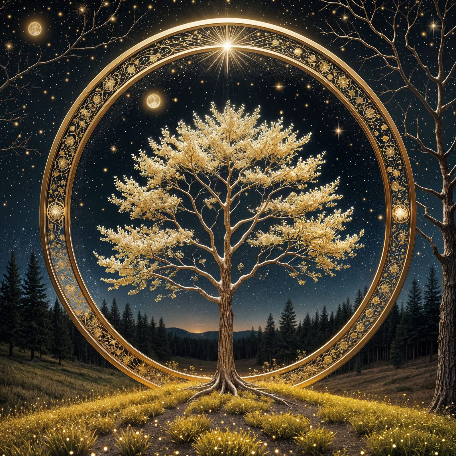 Golden Forest Tree Inside Glowing Cosmic Window