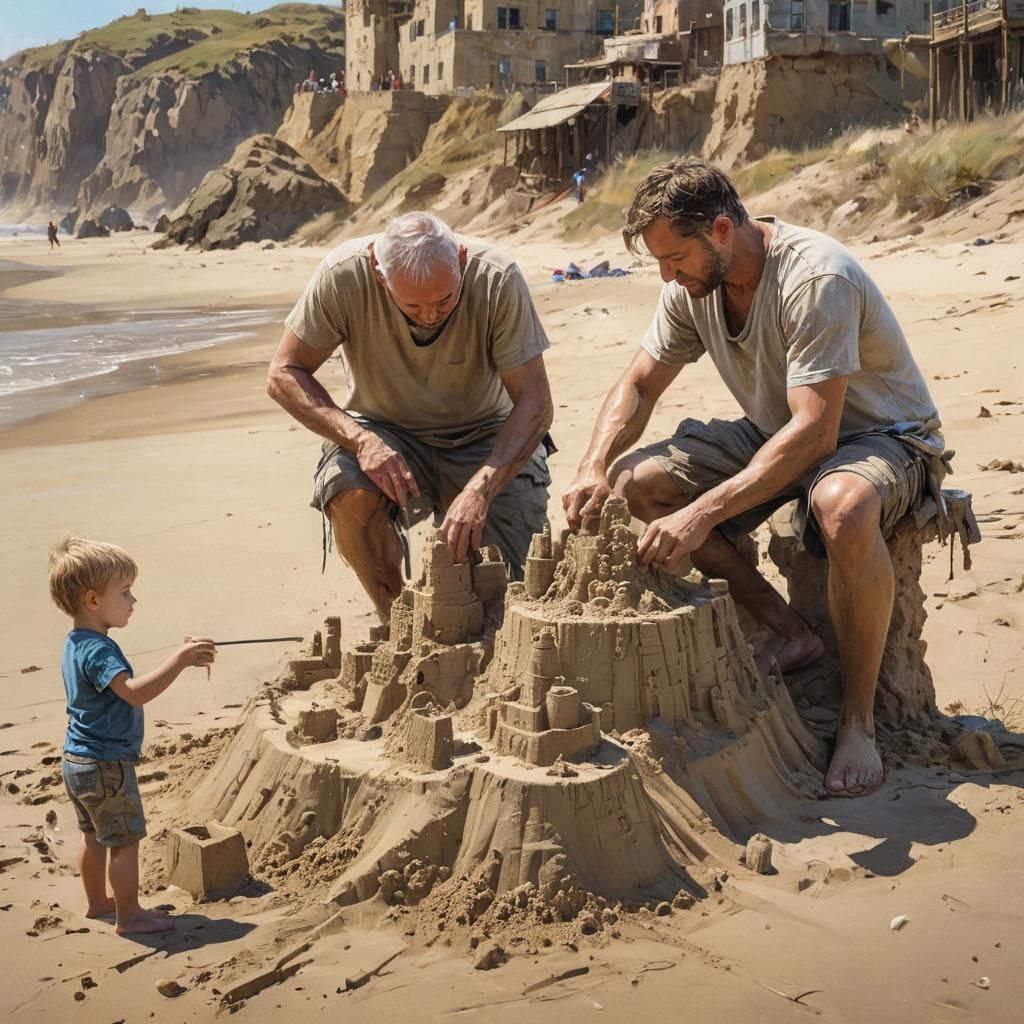Father and son building a sand castle ,  insanely detailed matte painting with rough paint strokes and textures, by Pino...