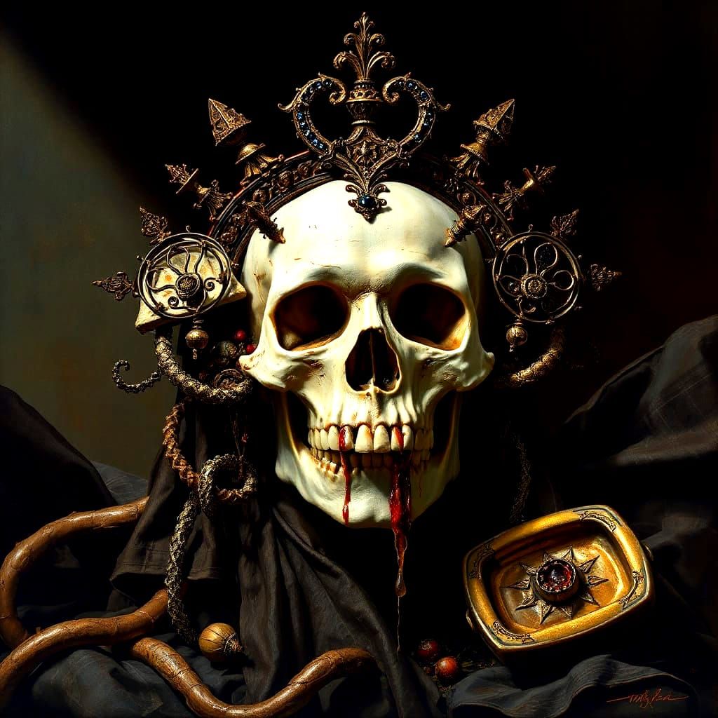 A luxurious, ornate human skull with intricate gothic embell...