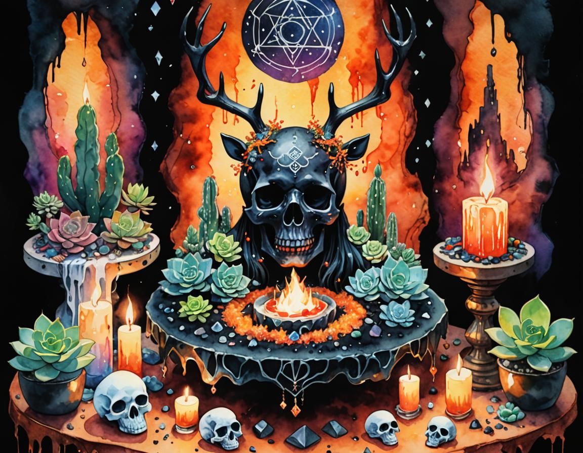 Goddess Altar with Glowing Skull in Watercolour