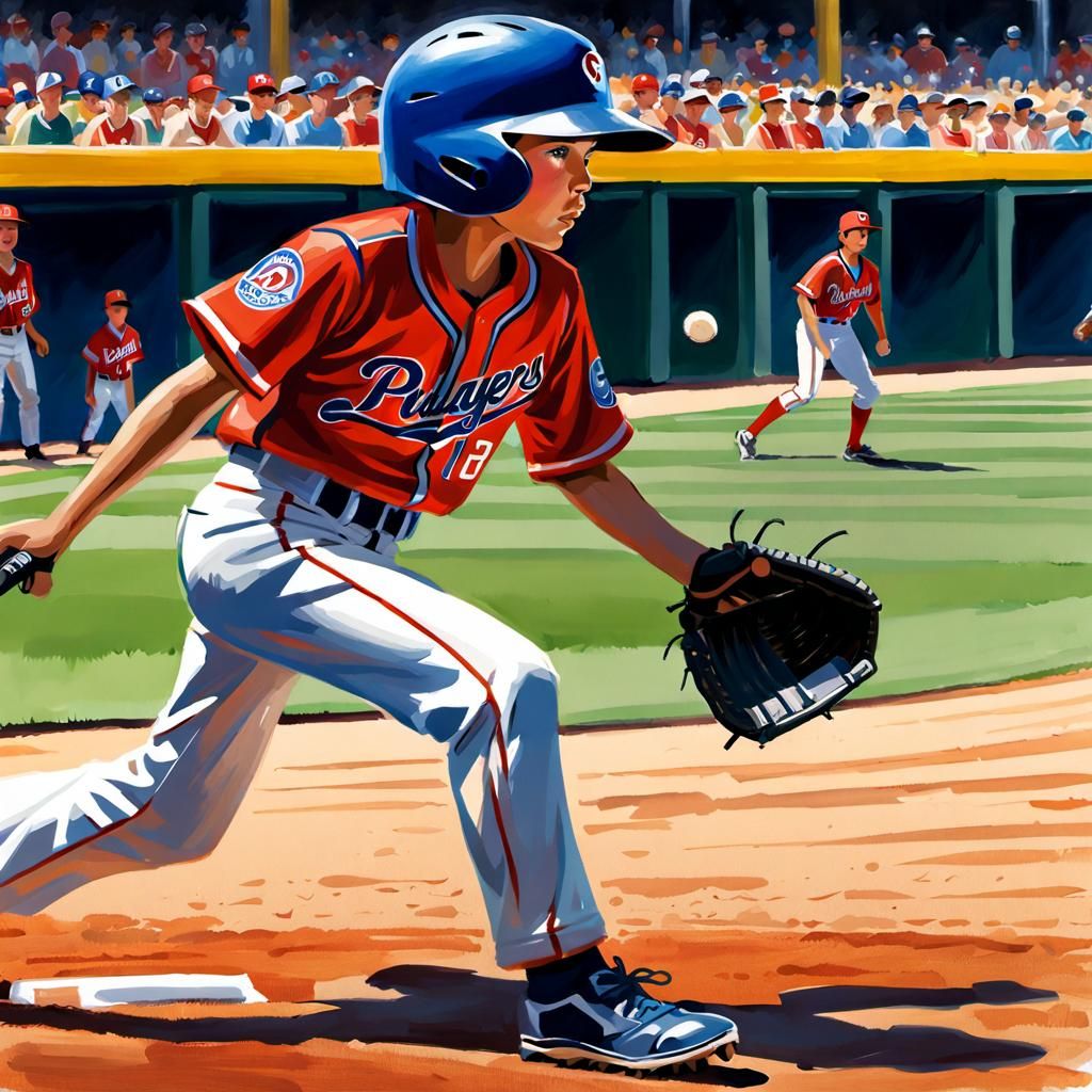 Intense Little League Action in Gouache Style