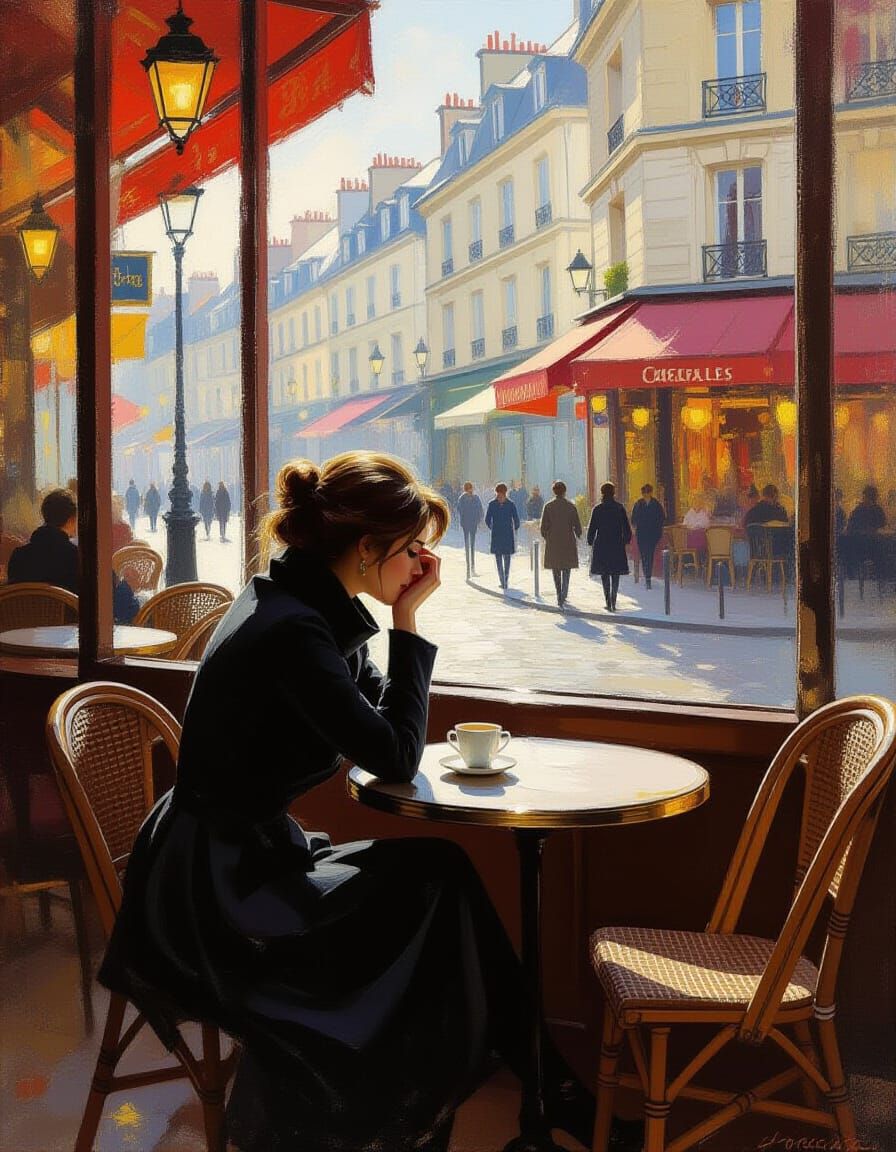 Heartbroken Lover in Parisian Cafe Painting