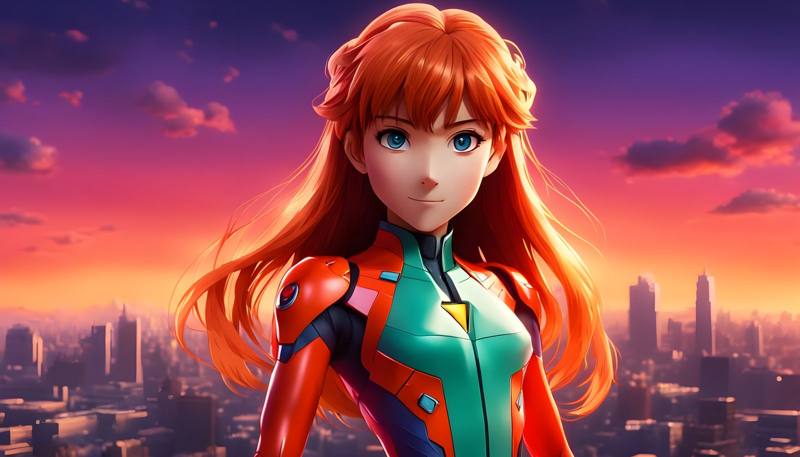 Asuka Langley from Evangelion Smiles in Vibrant Cyberpunk St...
