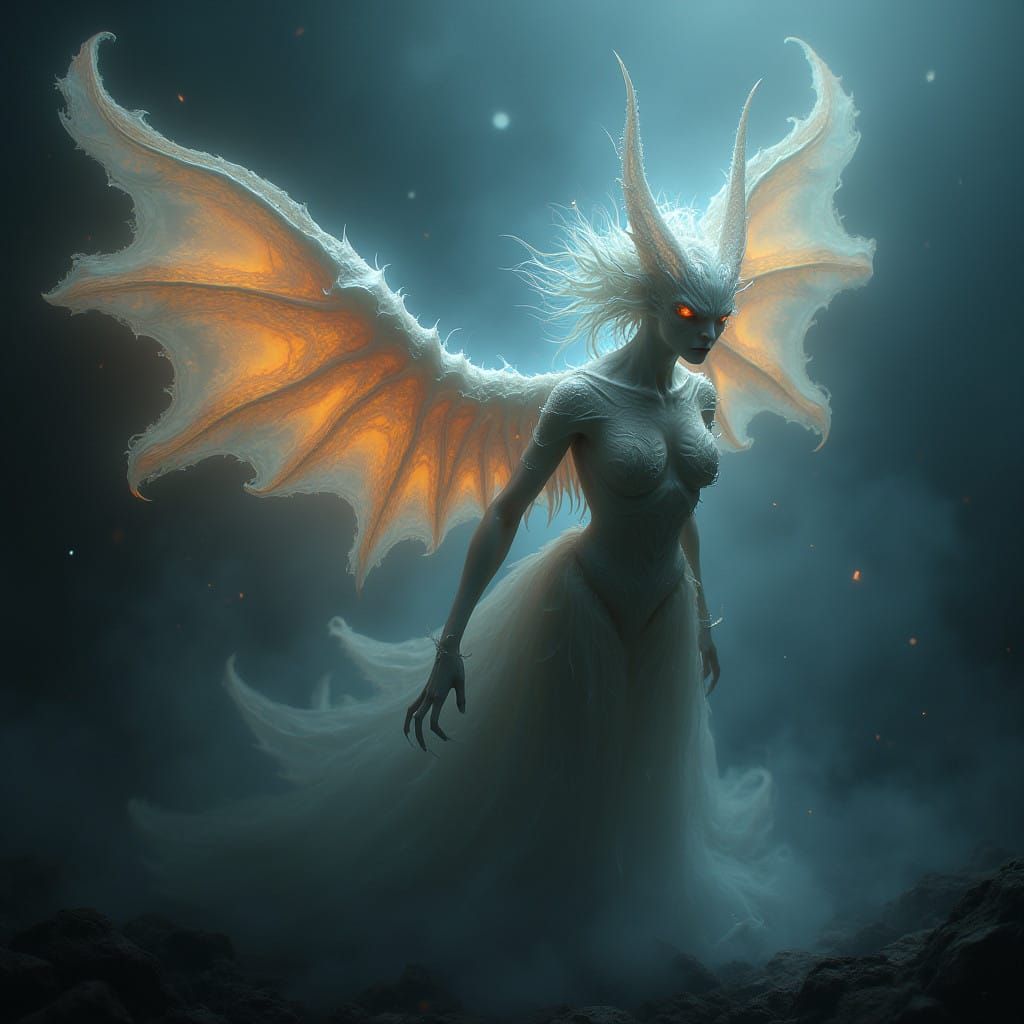 Ethereal Demonic Angel Illuminated in Dark Horror Aesthetic