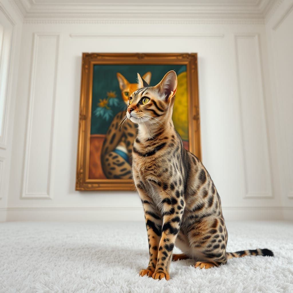 Elegant Serval Cat Posing in White Room