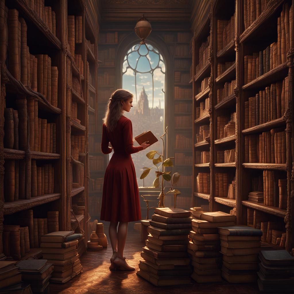 Woman Browsing Bookshelf in Detailed Fantasy Art