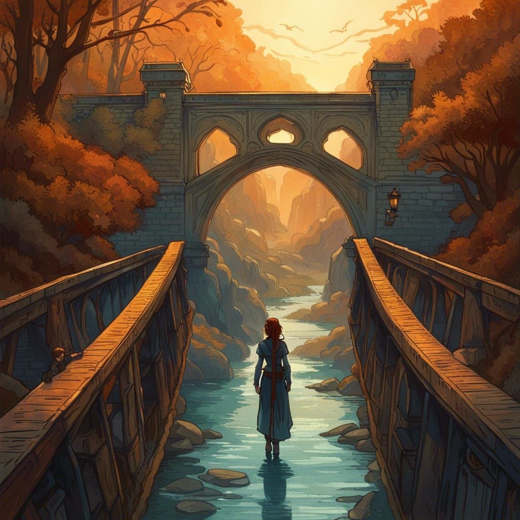 Cursed Bridge Crossing in Art Nouveau Style