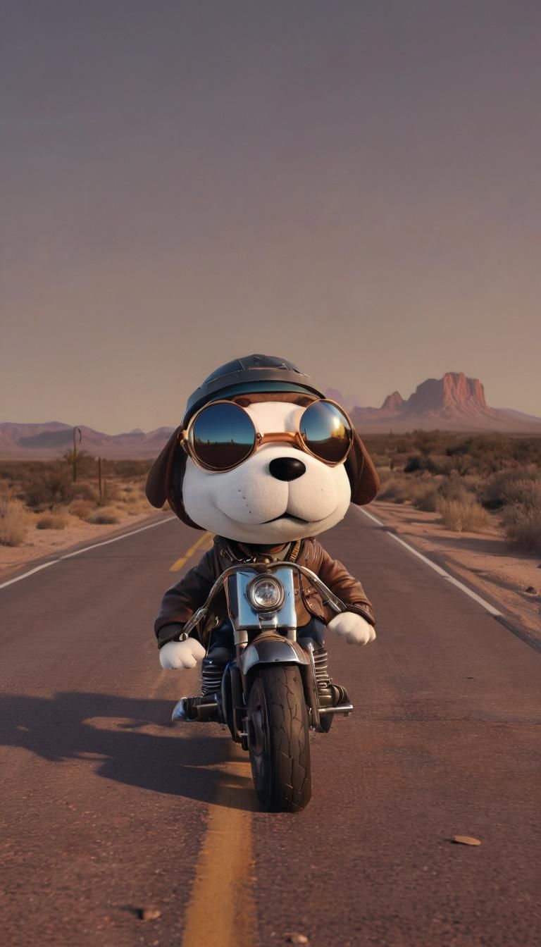 Snoopy Rides Desert Highway in Cyberpunk Style