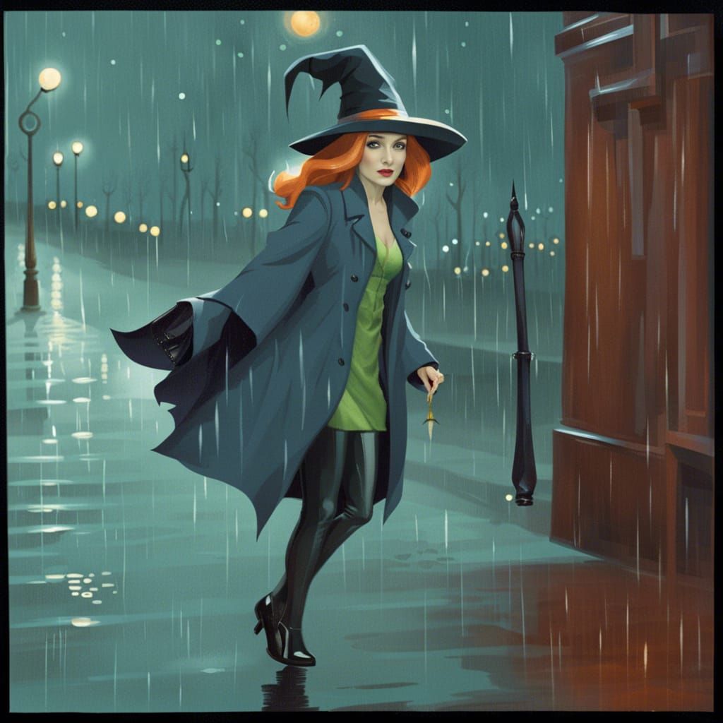 Cute Witch Walks in Rainy City Night
