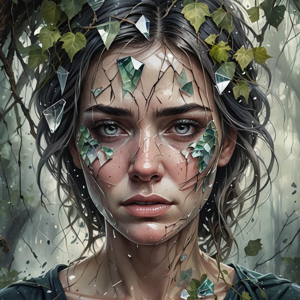 Shattered Glass Face Crying, Digital Art Portrait