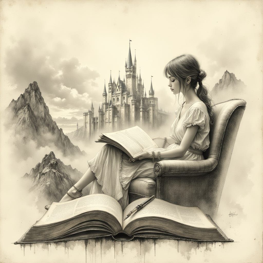 Surreal Woman Reads Book, Castle Emerges from Pages