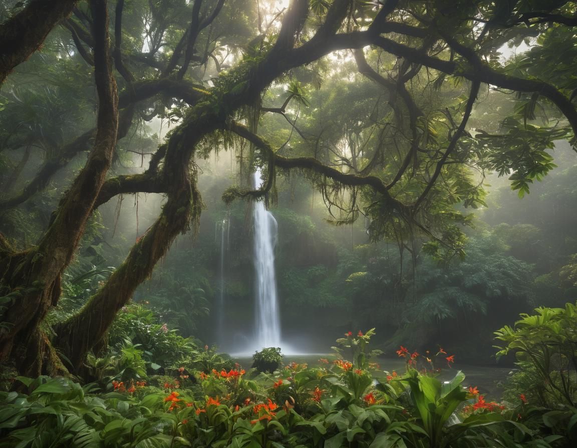 Tropical Island Waterfall in Impressionist Style