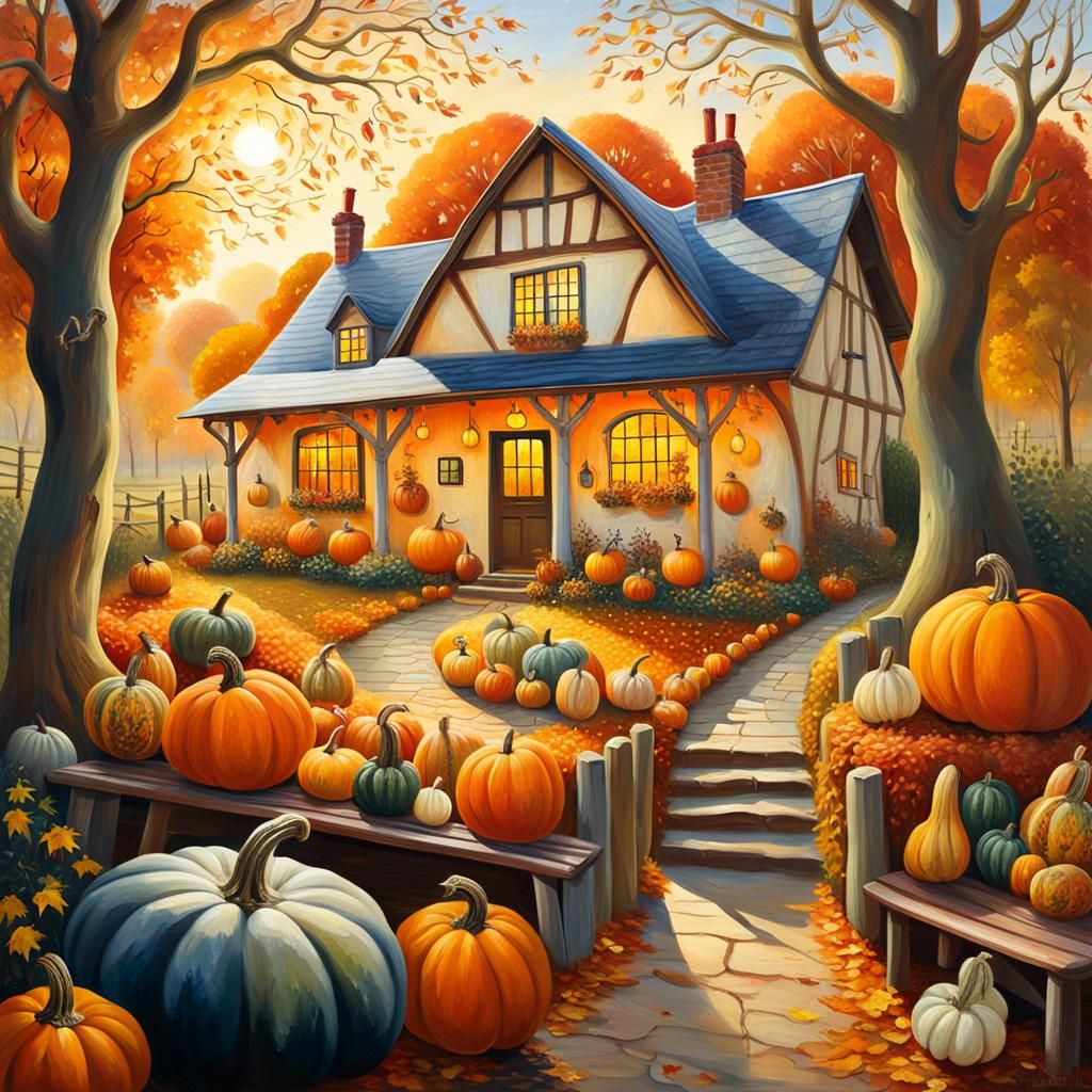 Autumn Scene Inside Transparent Pumpkin, Magical Realism Pai...