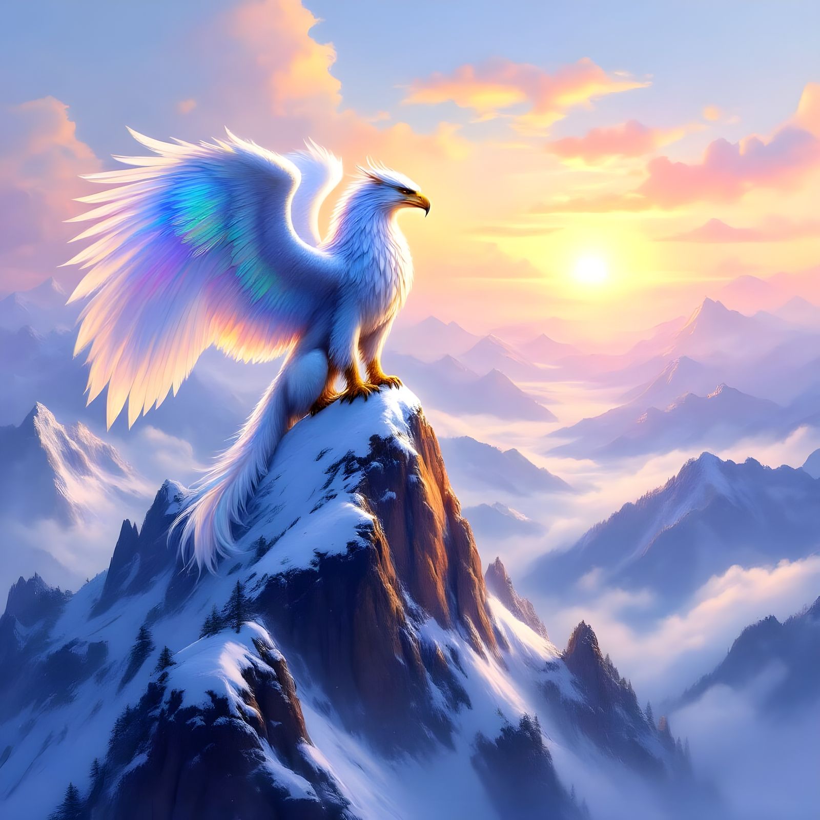 Majestic Griffin Perched Atop Mountain Peak in Fantasy Art