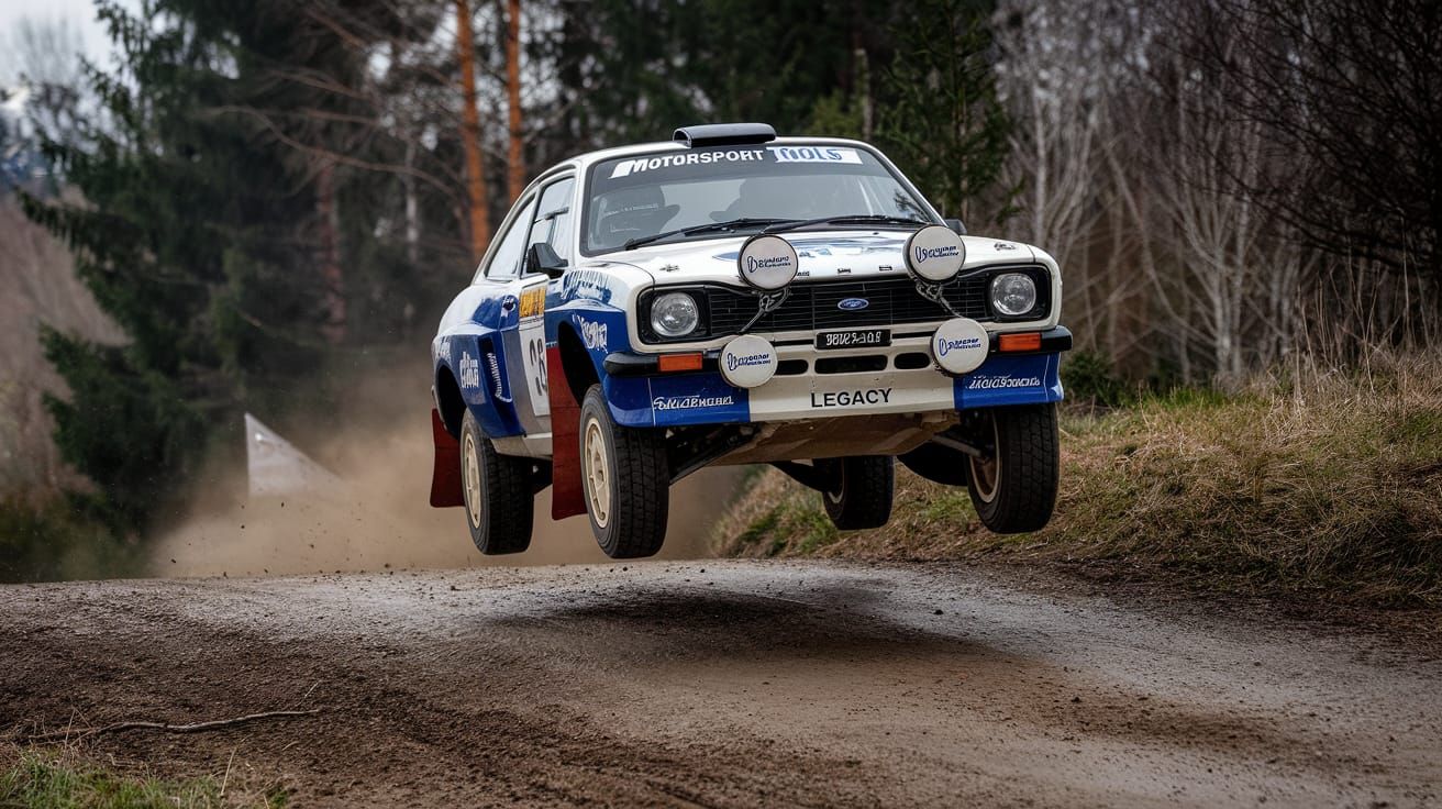 Vintage Rally Car Jumps on Dirt Track