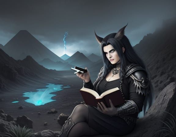 Vampire Barbarian Reads by Volcano in Cyberpunk Style