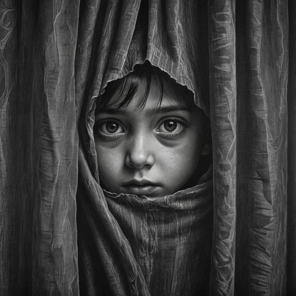 Child's Portrait in Charcoal Hiding Behind Curtain