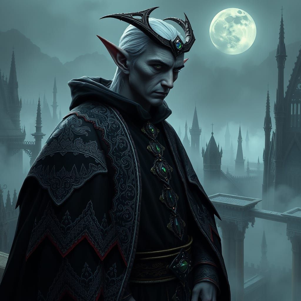 Dark Elf Seeks Wisdom in Moonlit Gothic Landscape