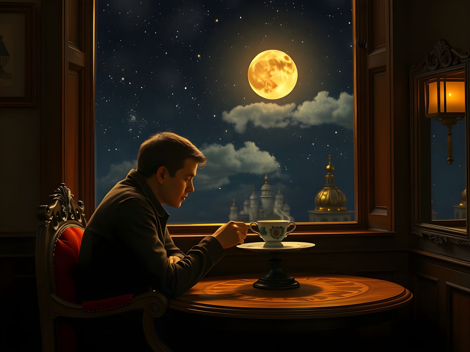 Starry Night Cafe Scene with Hyperrealistic Details