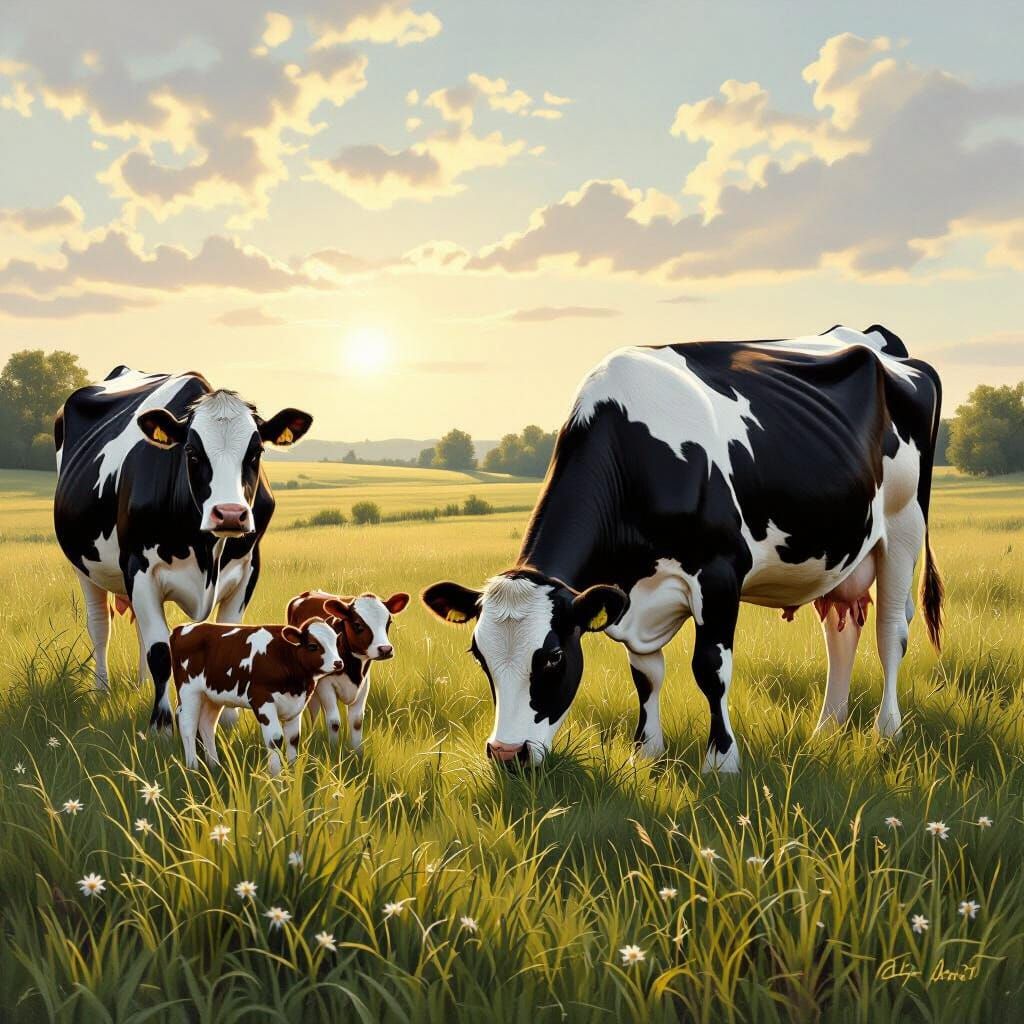 Black and White Cow Family in Meadow: Realistic Illustration