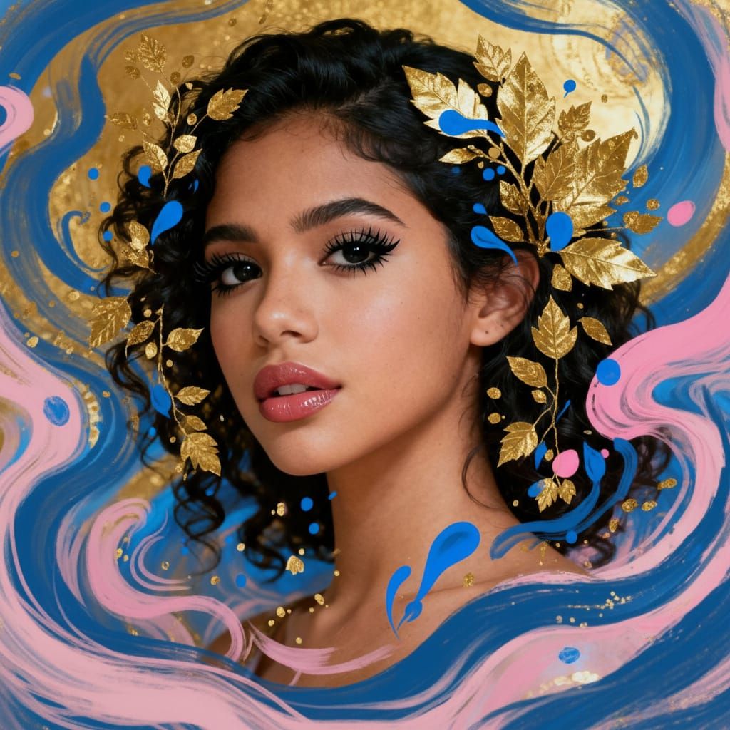 Latina Woman with Golden Ornaments in Dreamy Atmosphere