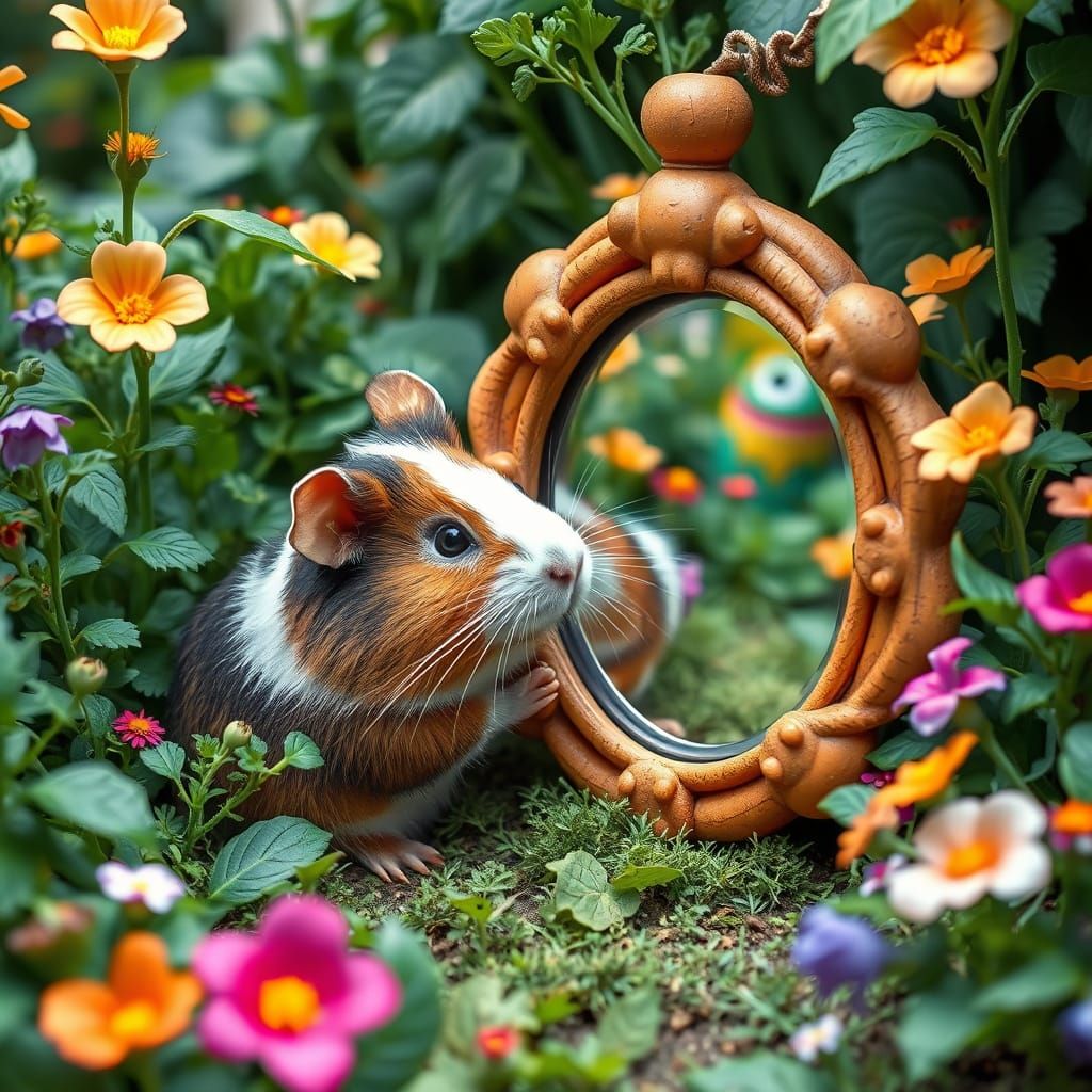 Guinea Pig and Carrot Mirror in Whimsical Garden