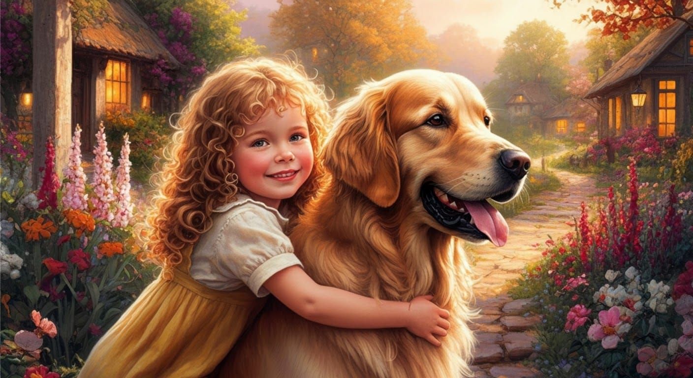 Child and Dog in Kincade Style Landscape