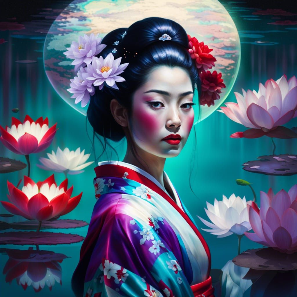 Geisha in Mirrored Reflection: A Dark Fantasy Portrait