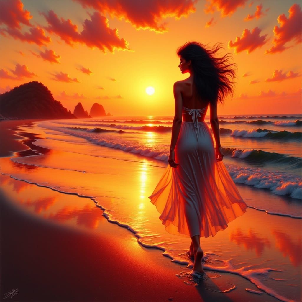 Woman Silhouetted Against Vibrant Sunset on Beach