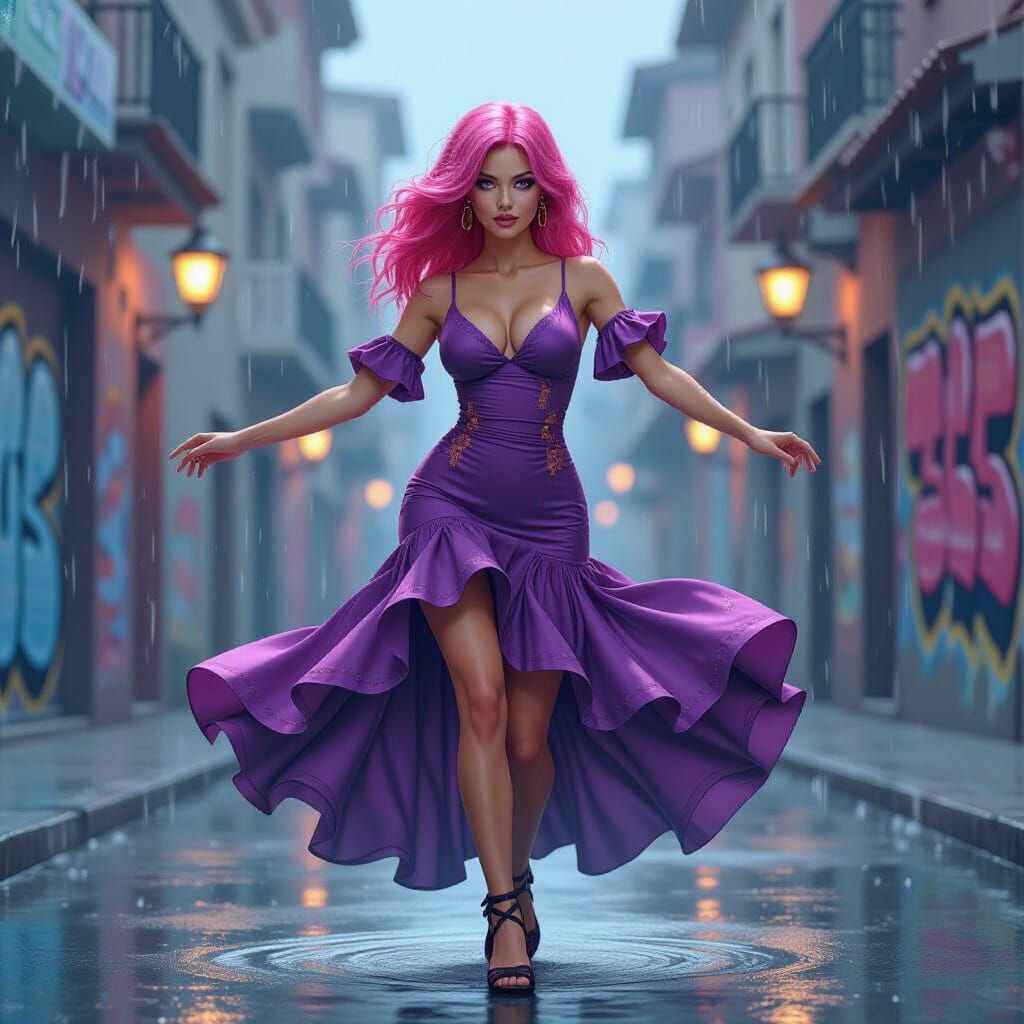 Flamenco Dancer in Rain, Graffiti Art Style