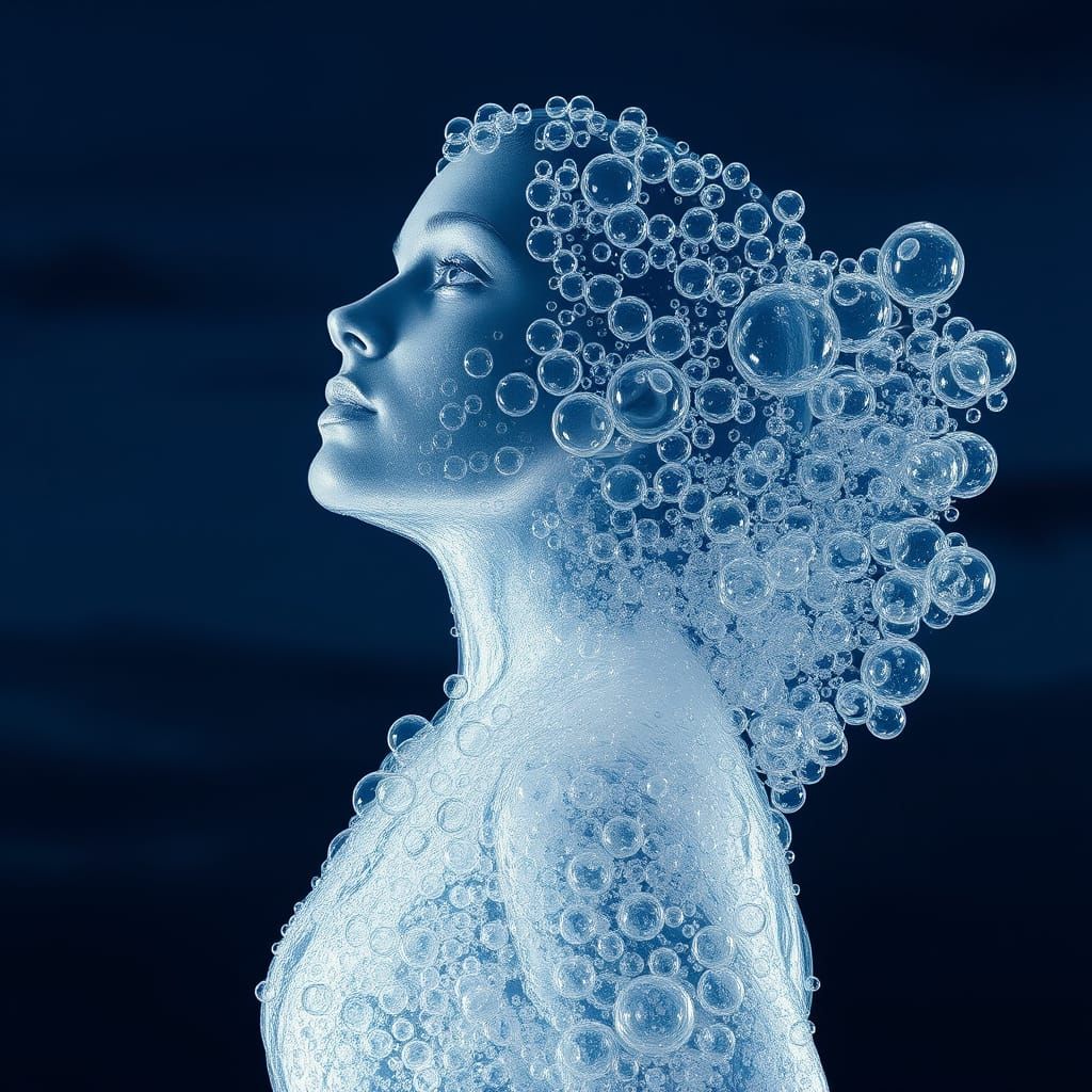 Iridescent Bubble Woman in Liquid Suspension