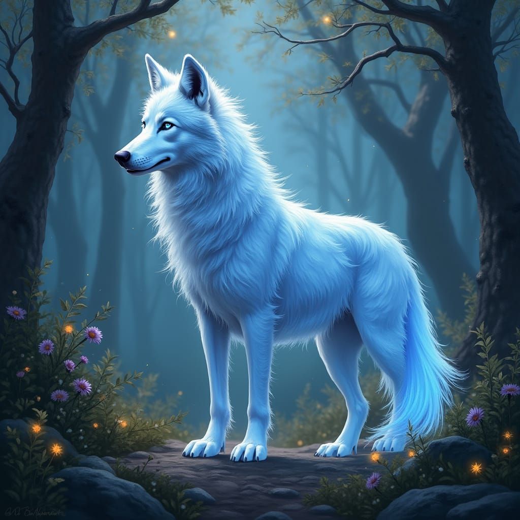 Mystical Crystal Wolf in Whimsical Forest Landscape