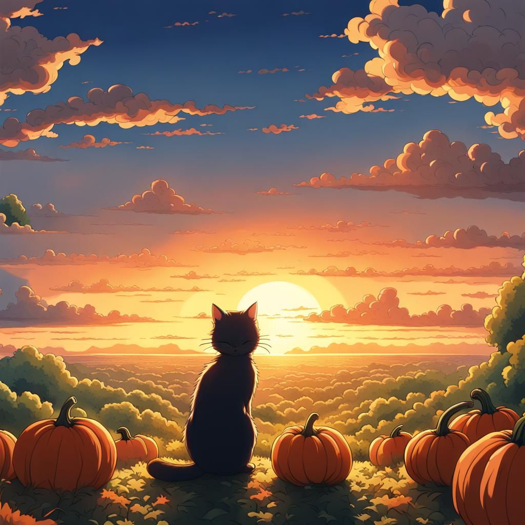 Cat and Pumpkin: Studio Ghibli Anime Sunset
