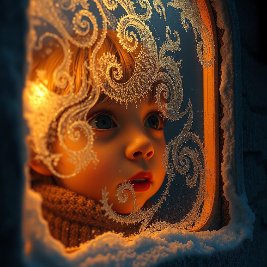 Child's Curious Face Through Frosty Village Window at Night...