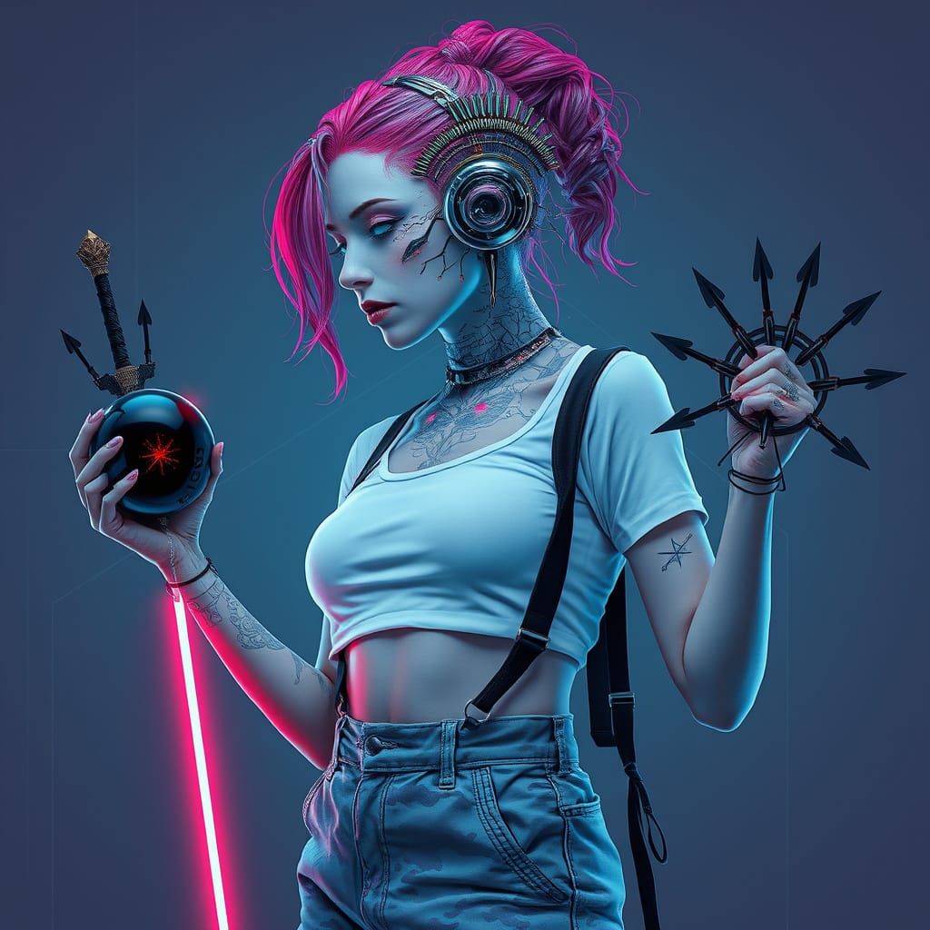 Cyberpunk Warrior with Glitching Techno Aesthetic