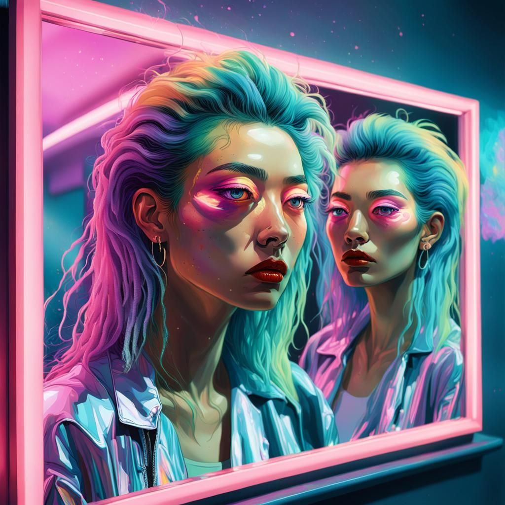 Surreal Woman's Reflection in Synthwave Lighting