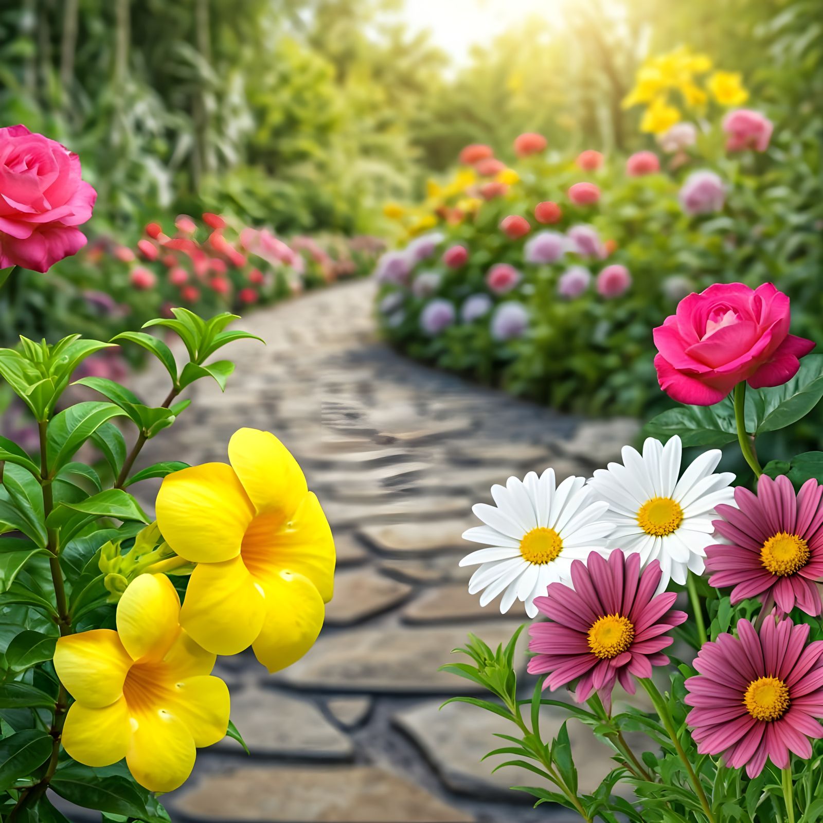 Lush Flower Garden with Yellow Allamanda Blooms