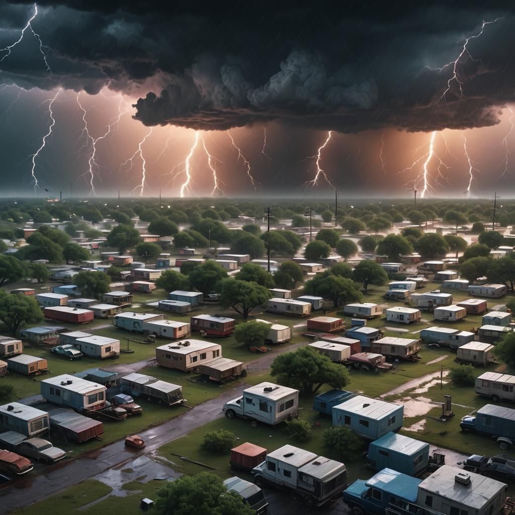 Texas Trailer Park Under a Thunderstorm Sky